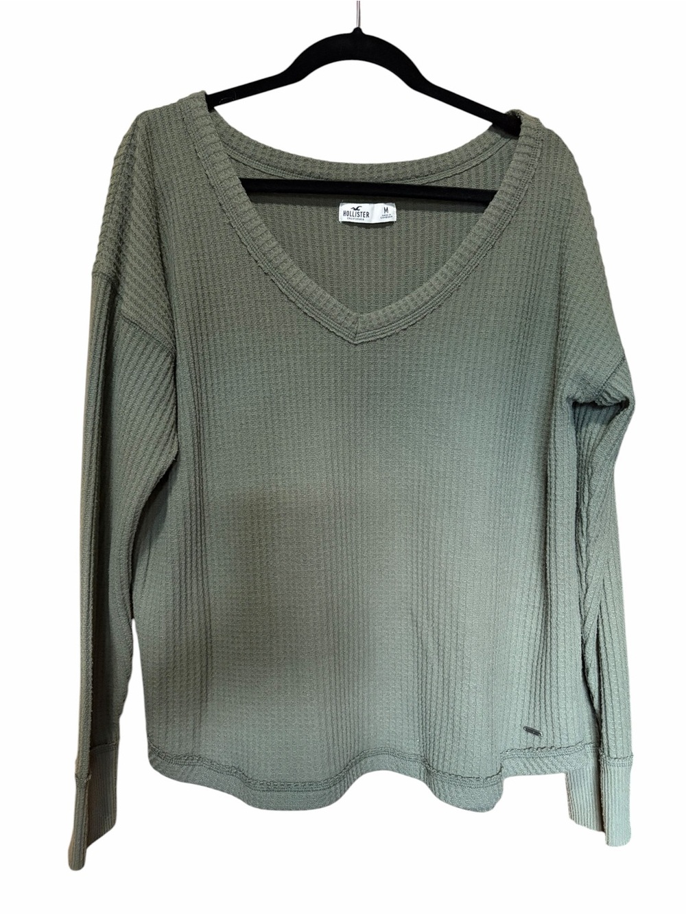 Hollister Olive Green V-Neck Waffle Knit Pullover